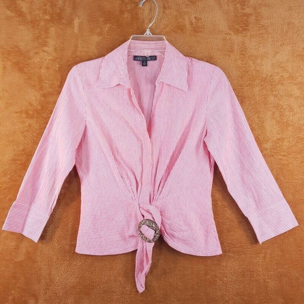 LAFAYETTE 148 Womens Top Size 2 Red Stripe Button Up Knotted Searsucker Popover